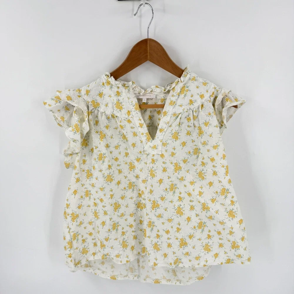 Olivaceous Floral Ruffle Sleeve Top Yellow Medium Hemp Cotton Sustainable